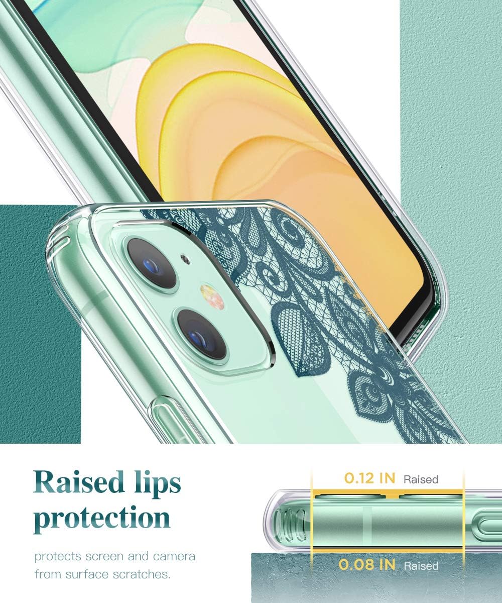 GVIEWIN Noble Series Designed for iPhone 11 Case, Clear Soft TPU Bumper & Hard Back with Floral Pattern Slim Lightweight Graceful Phone Cover for iPhone 11 6.1 Inch 2019 (Lace Flower/Midnight Green)