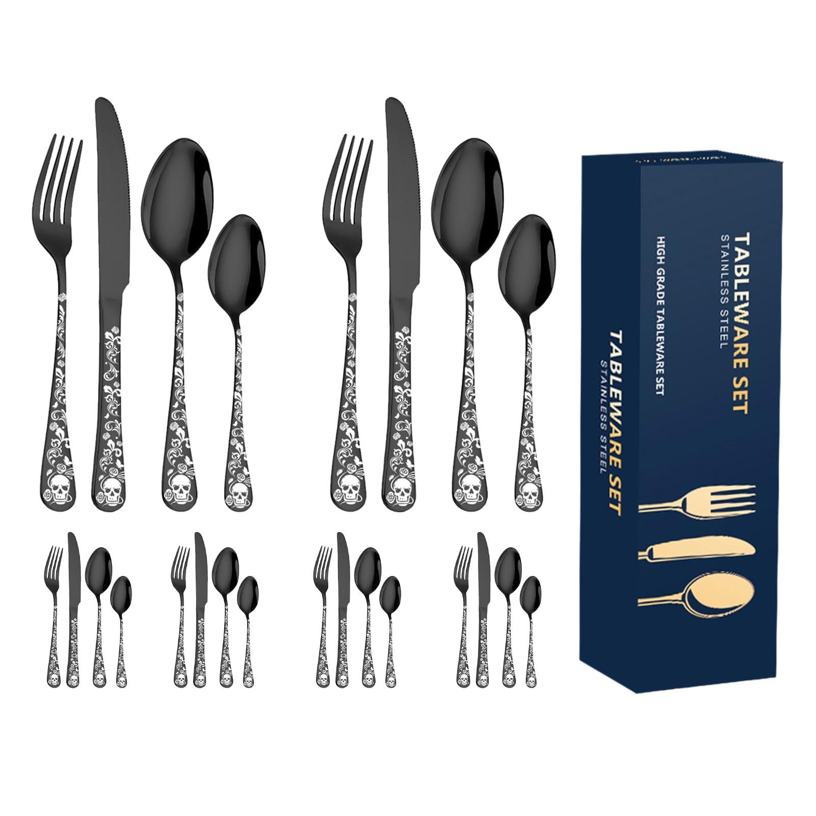 Ensemble de couverts pour 6 personnes, couverts de cuisine | 24 couverts avec motif tête de mort | Fourchettes et cuillères de cuisine portables, couverts pour la cuisine à la maison, le