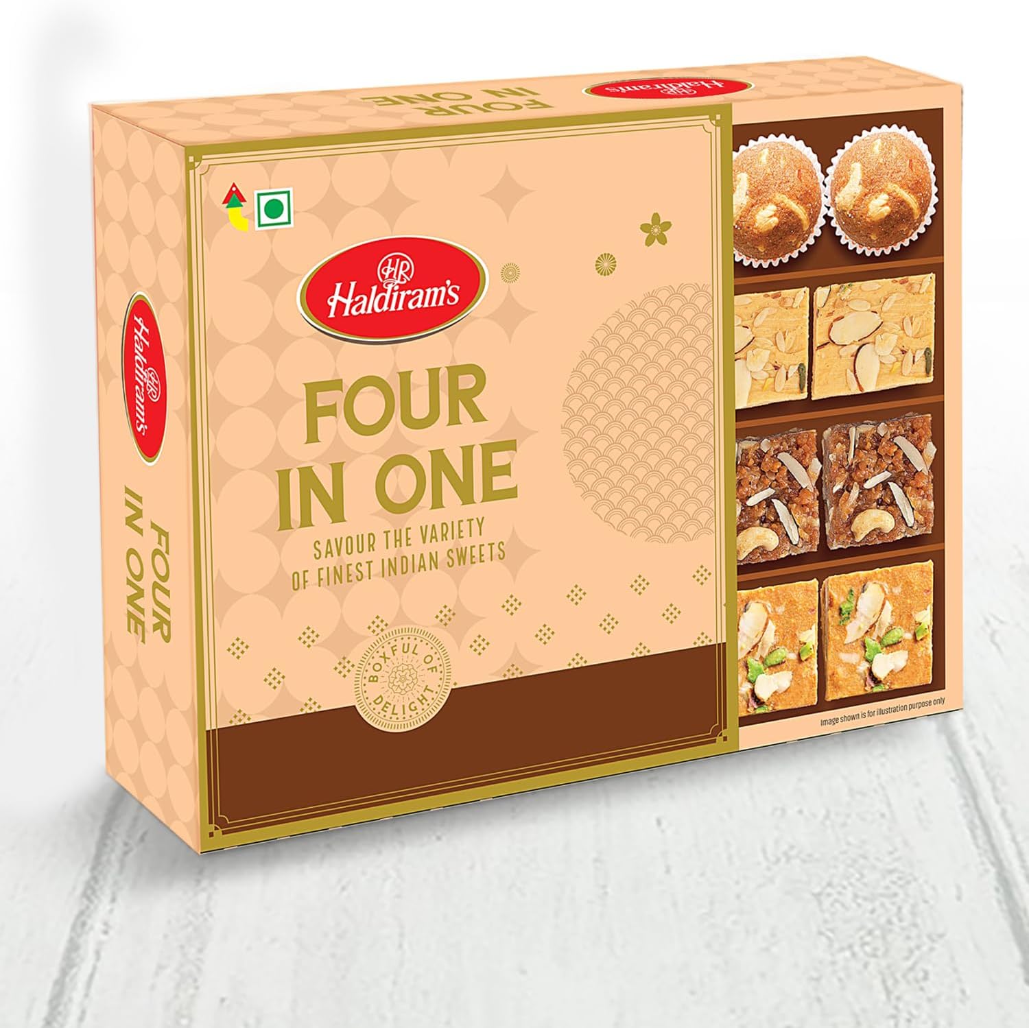 Haldiram's Four in One 450G, Savour The Variety of Indian Sweets (Contains Dodha Burfi, Patisa, Besan Burfi & Panjeeri Ladoo)