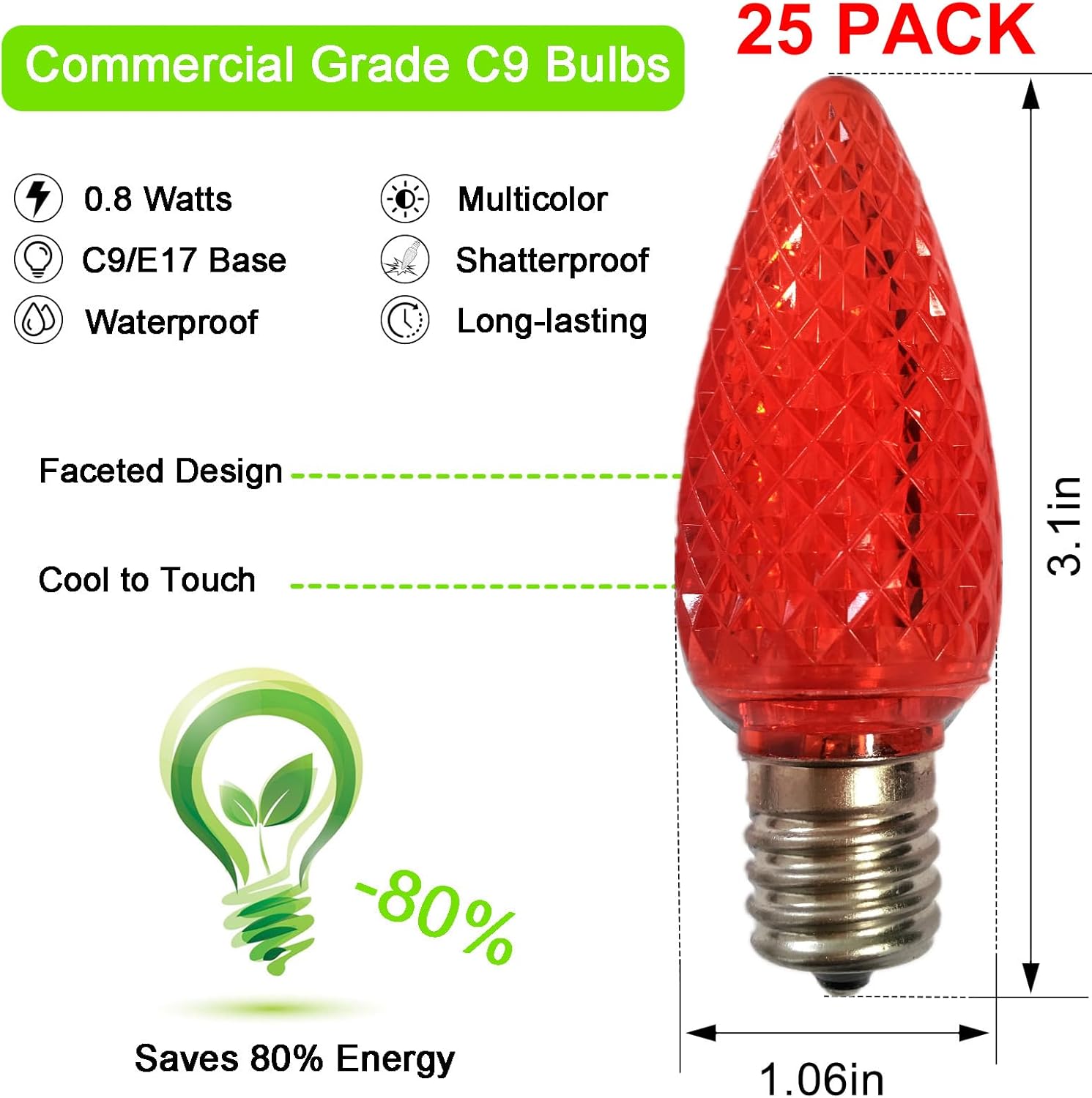 echosari 25 Pack C9 LED Replacement Christmas Light Bulbs for Outdoor String Light, 0.8W UL Listed Commercial Grade Holiday Bulbs, C9/E17 Candelabra Base Sockets (Multicolor)