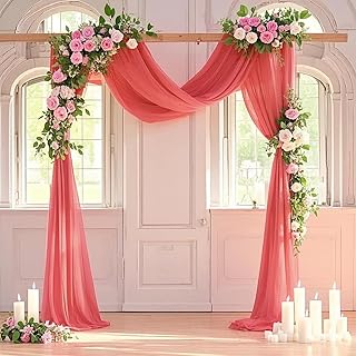 Wedding Arch Draping Fabric Coral Sheer Chiffon Drapes 2 Panels 28x20FT Chiffon Cloth Backdrop Panels Tulle Curtains for Wedding Decorations Reception Backdrop Sheer Drapes for Arbor