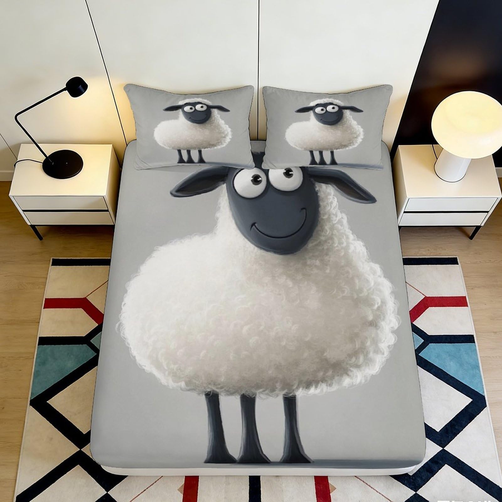 3D Printed Sheep Cartoon Fitted Sheet Microfiber Soft Anti-Slip Farm Animal Mattress Cover for Bedroom Dorm Decor 90x200x25cm