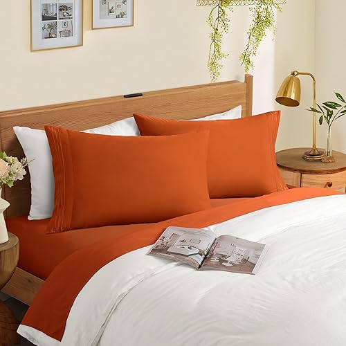 Miniatura 2 de Paquete de 2 fundas de almohada de microfibra tamaño King, color naranja quemado con cierre de sobre, 1800 hilos, fundas de almohada suaves y