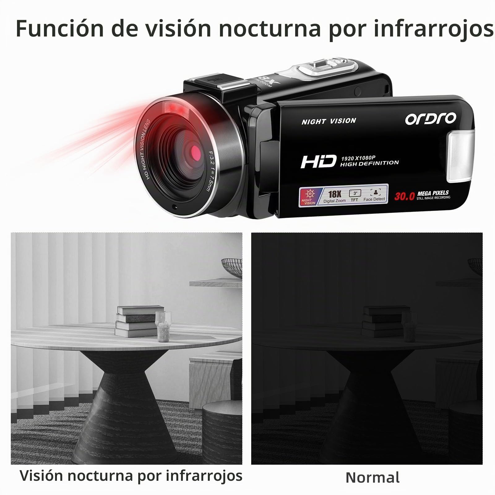 ORDRO B320 1080P con tarjeta de 16 GB, zoom digital 18x, visión nocturna, pantalla HD giratoria a 270°, cámara Full HD 1080p 30MP, 2 baterías doradas