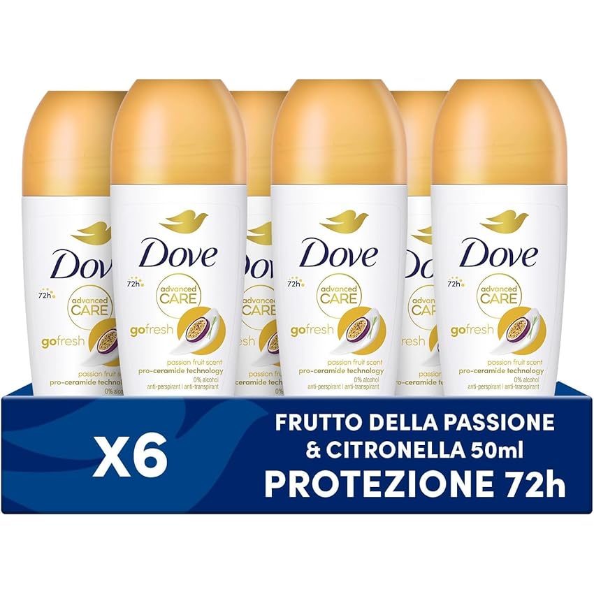Dove, Deodorante Roll On Advanced Care Passion Fruit, Deodorante Antitraspirante, Formula Delicata Con Tripla Azione Idratante, Protezione Fino a 48 Ore, Deodorante Uomo e Donna, 6 Pezzi da 50 ml