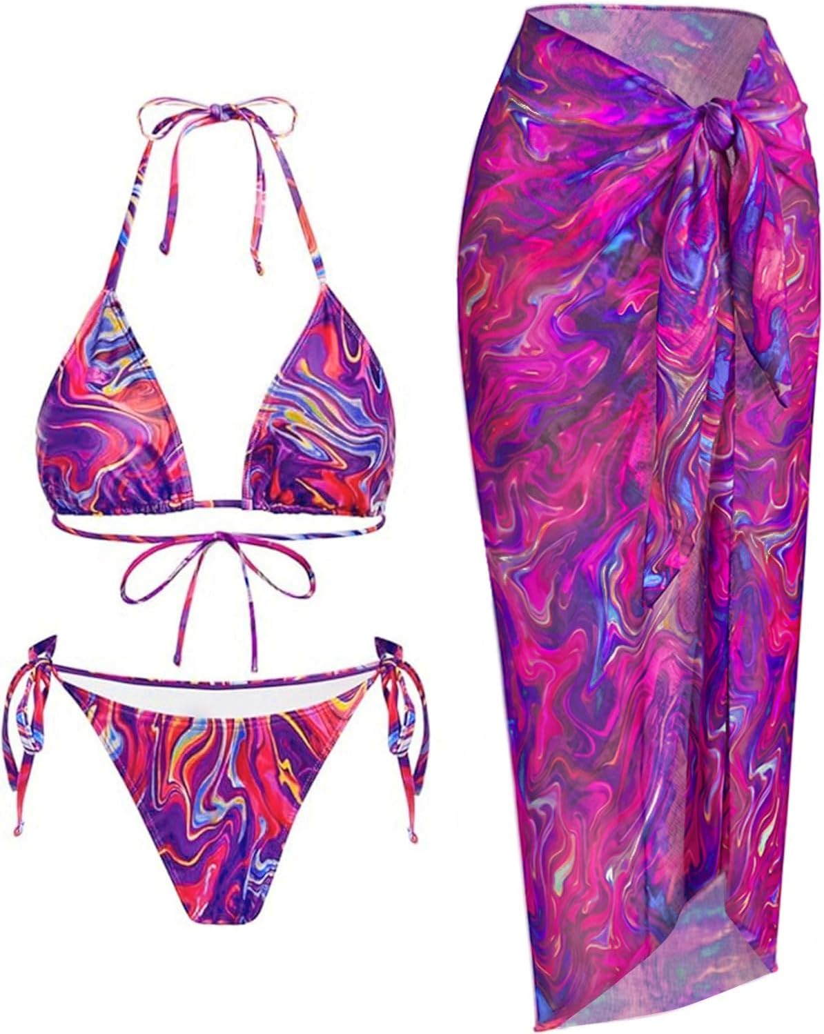 Women's 3 Piece Swimsuit - Sexy Triangle Halter Bikini Sets with Sarong Cover Up String Tie Side Bathing Suits 2026
