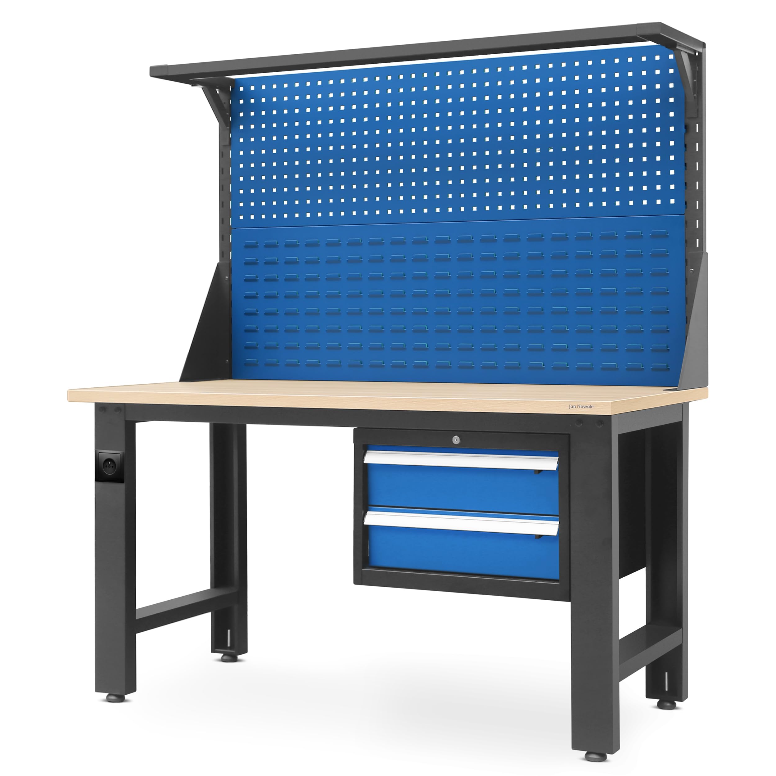 Banco de Trabajo con Pared Perforada Mesa de Trabajo 2 Cajones Enchufe Metal MDF 600 kg 170x150x75 cm Antracita Azul