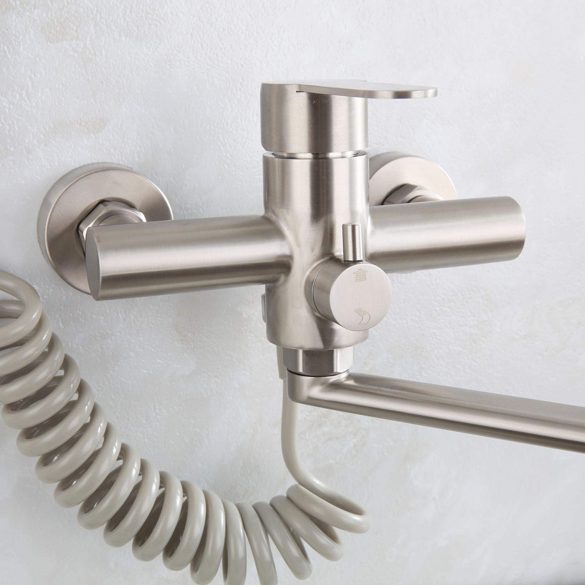 HomeLava Grifo de cocina pared de acero inoxidable 304 de grado alimenticio con pistola rociadora y caño giratorio de 360°, Proceso cepillado, caño 35 cm