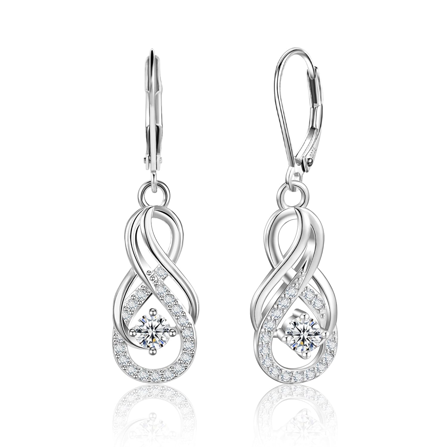 Sterling Silver Dangle Earrings for Women Trendy Hypoallergenic Leverback Silver Drop Earrings with Cubic Zirconia Double Twisted Infinity