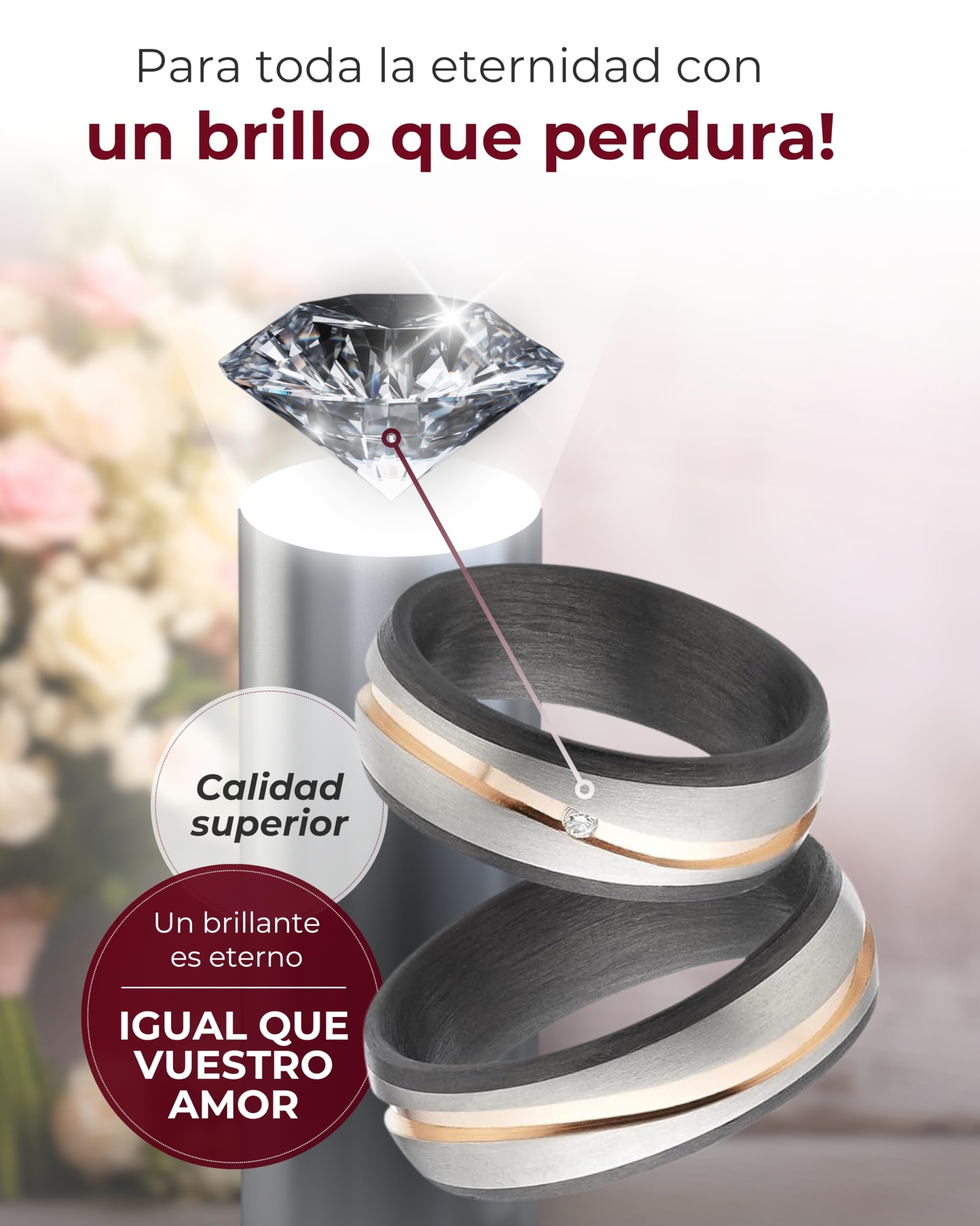 123traumringe Anillos de Boda en Carbono y Titanio con Baño de Oro Rosado, Brillante y Estuche - Grabables 7mm de Ancho, Tamaño 50-74mm S84