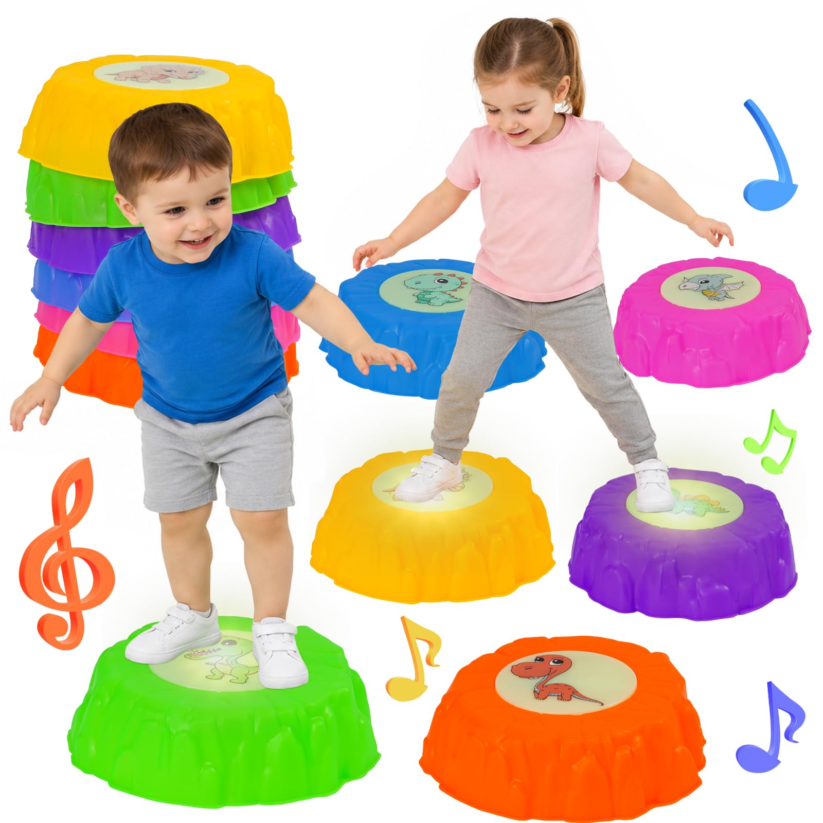 6 PCS Sensory Stepping Stones for Kids with Light and Music,Durable Non-Slip Balance Stones,Obstacle Courses,Autism Balance Training Toy to Boost Balance & Motor Skills Indoor & Outdoor for Girls Boys