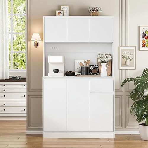 Miniatura 10 de Armario de despensa de cocina negro de 71 pulgadas de alto con 6 puertas y toma de corriente, aparador de almacenamiento independiente con encimera,