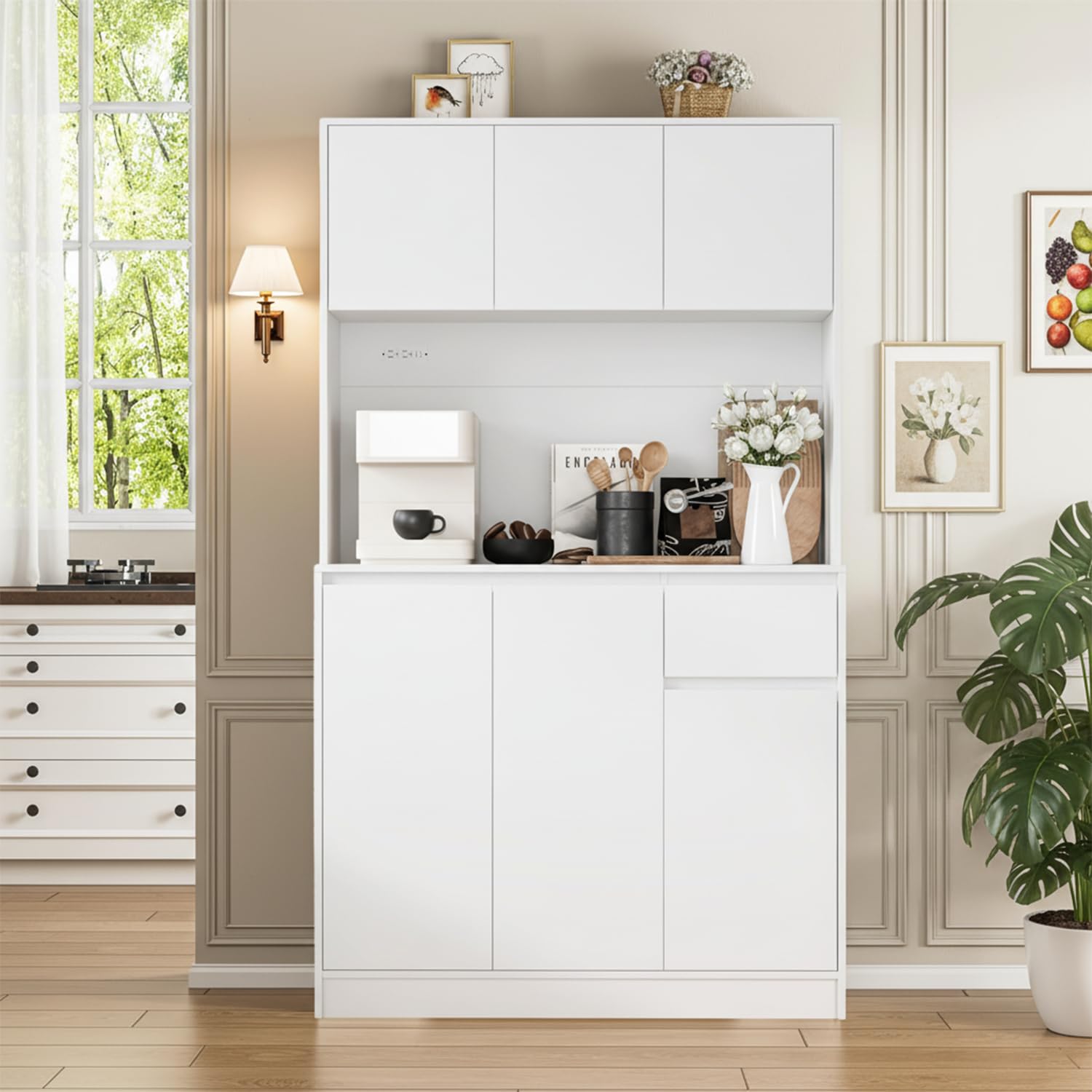 holzart 71" Tall White Kitchen Pantry Cabinet with 6 Doors & Power Outlet, Freestanding Storage Hutch with Countertop, Adjustable Shelves for Dining