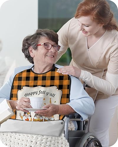 Miniatura 3 de QueenKer Funny Adult Bibs for Eating, Happy Fall Y'All Gnome Orange Black Plaid Waterproof Clothing Protector Washable Adult Bib with Crumb Catcher