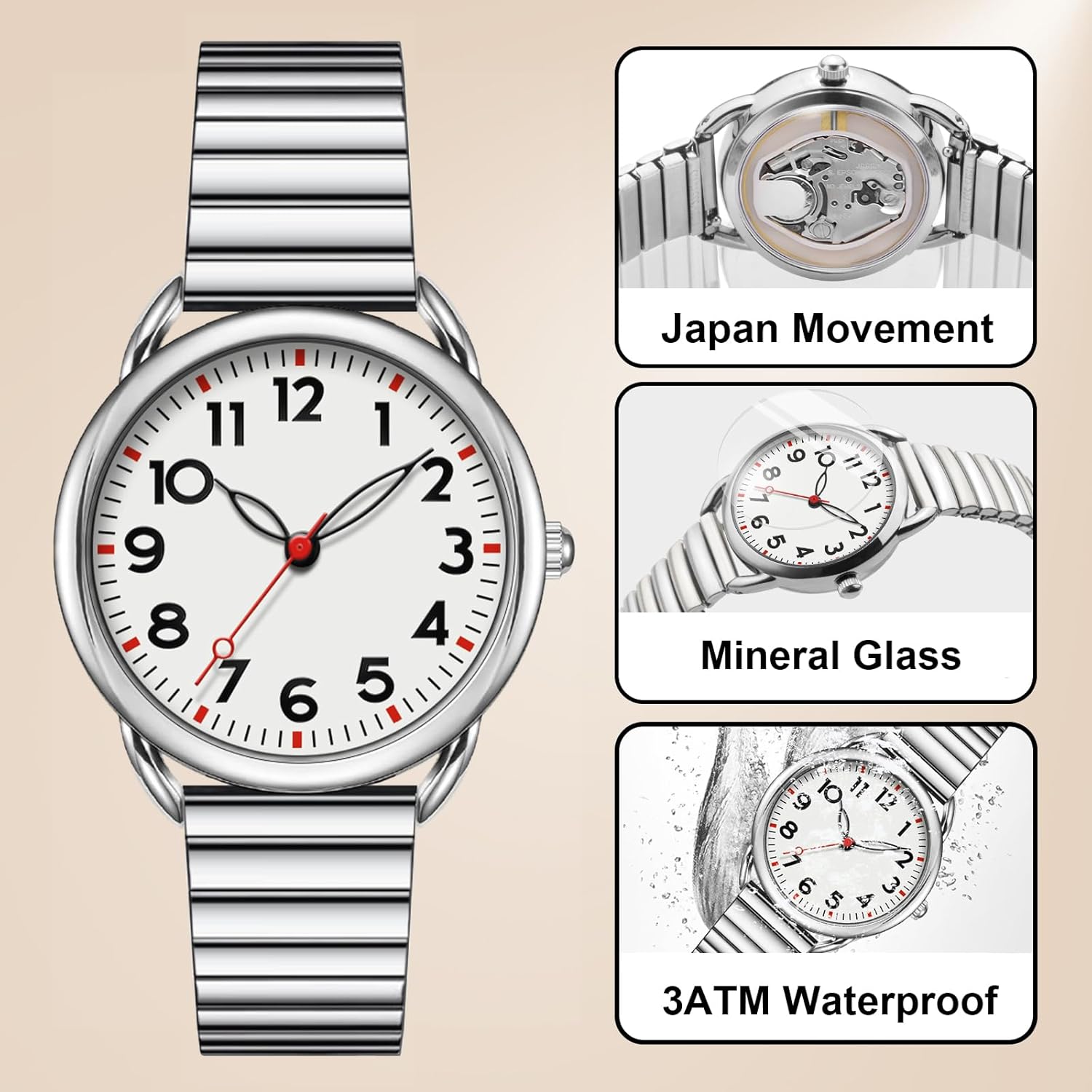 Asan Ge Watch for Women, Expansion Band Fits Various Sizes, Vintage Analog Waterproof, Fashion Luminous Dial Easy to Read, 1 Watch with 4 Straps - Easy Tool Free Replacement - Image 4