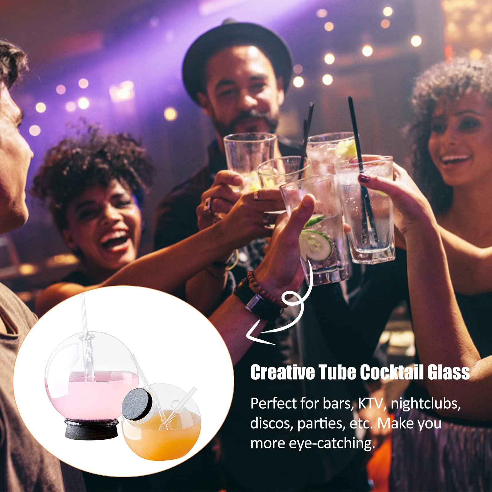 NFNSIG Lot De 2 Verres à Cocktail En Forme De Globe Avec Paille Unique En Forme De Boule De Cristal Pour Cocktail, Martini, Tequila, Margarita