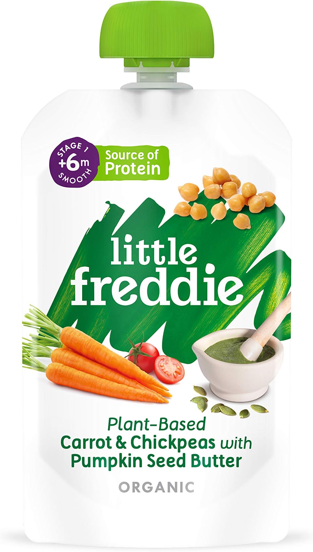 Little Freddie, Little Freddie Organic Baby Food Stage 1 Carrot and Chickpea with Pumpkin Seed Butter, 6x120g Pouches - from 6 Months, 720 gram