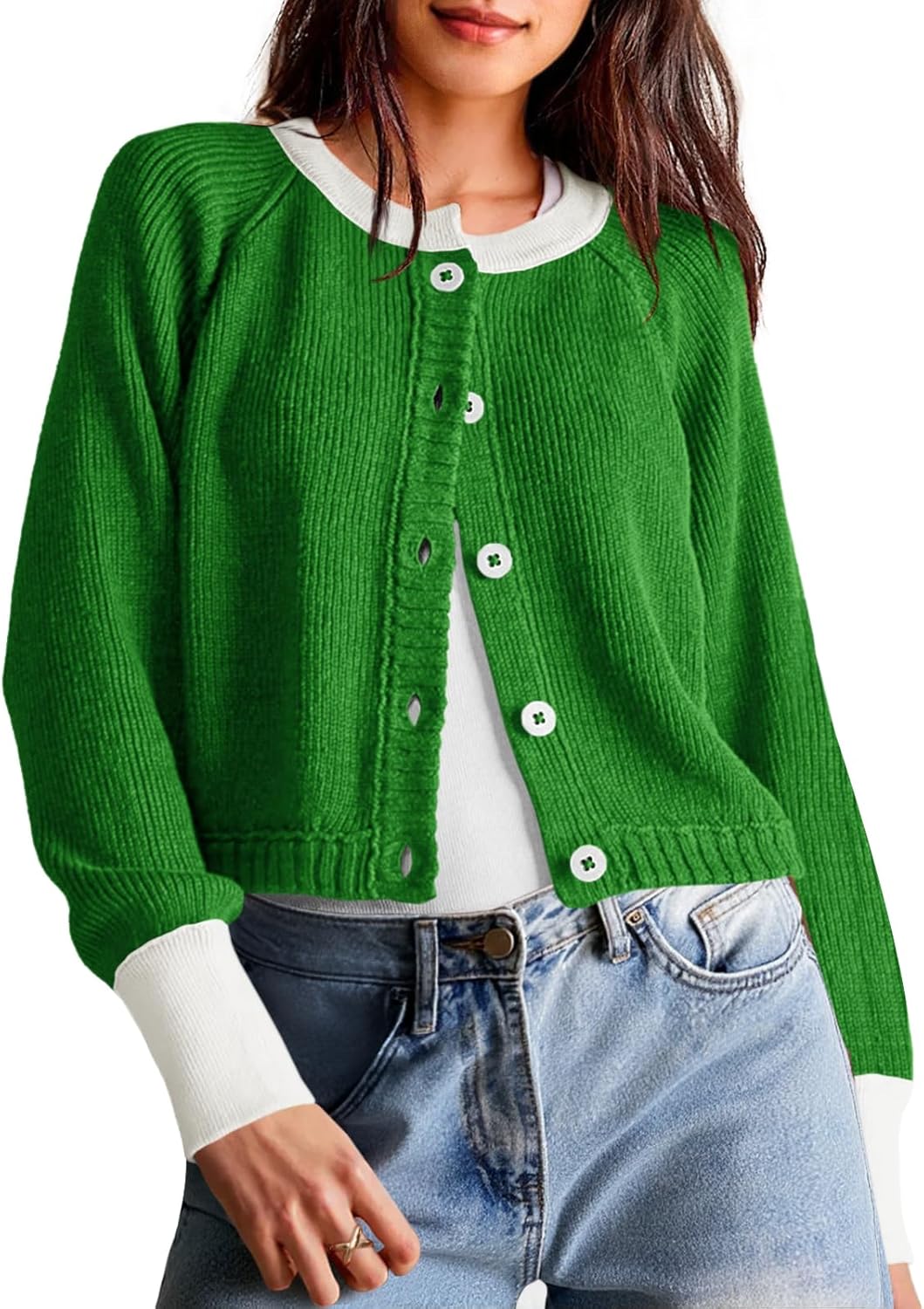 Saodimallsu Womens Cropped Cardigan Sweaters Button Down Open Front Long Sleeve Fall Trendy Color Block Knit Coats