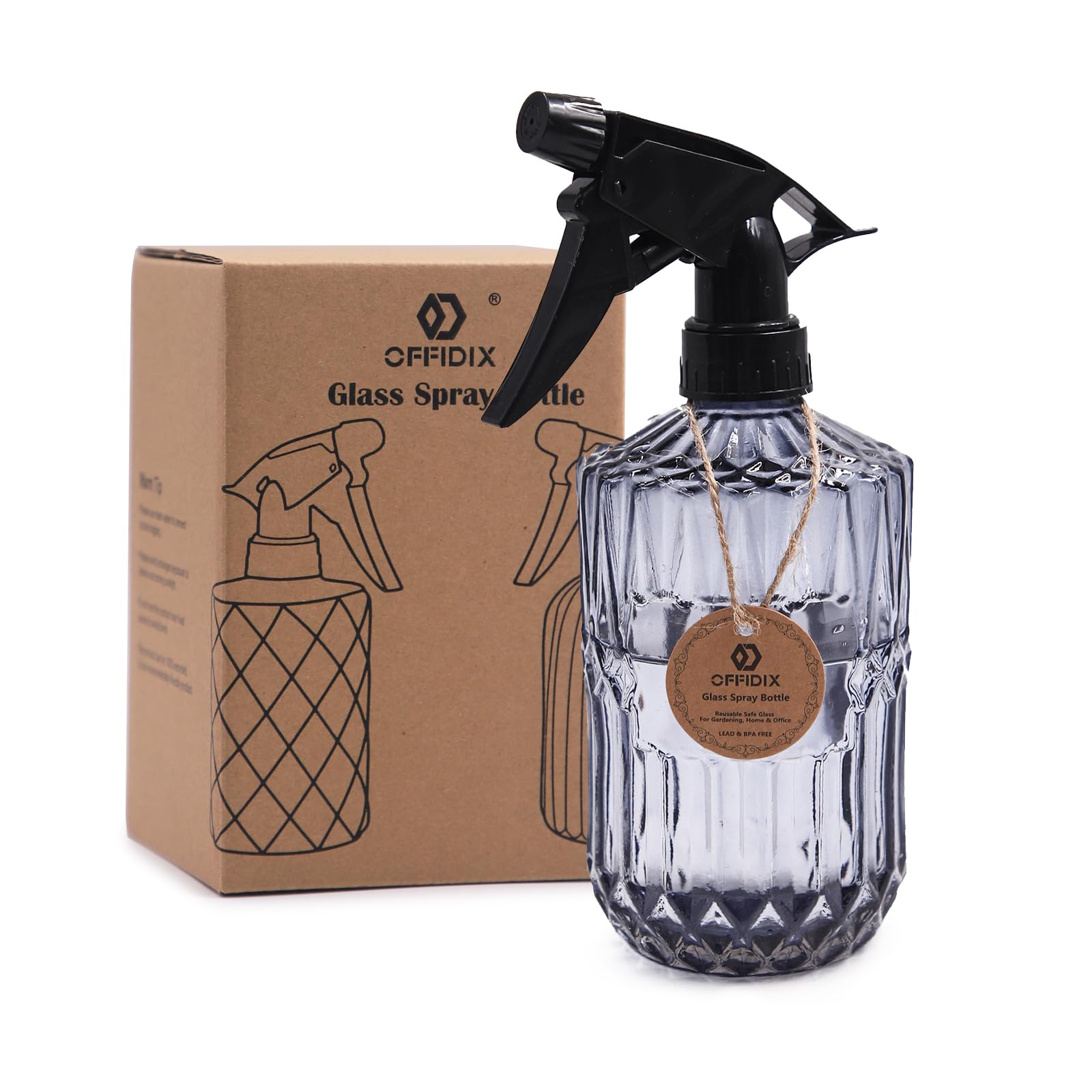 OFFIDIX Glass Spray Bottle, Grey Fine Mist Plant Mister 0.4L Water Can