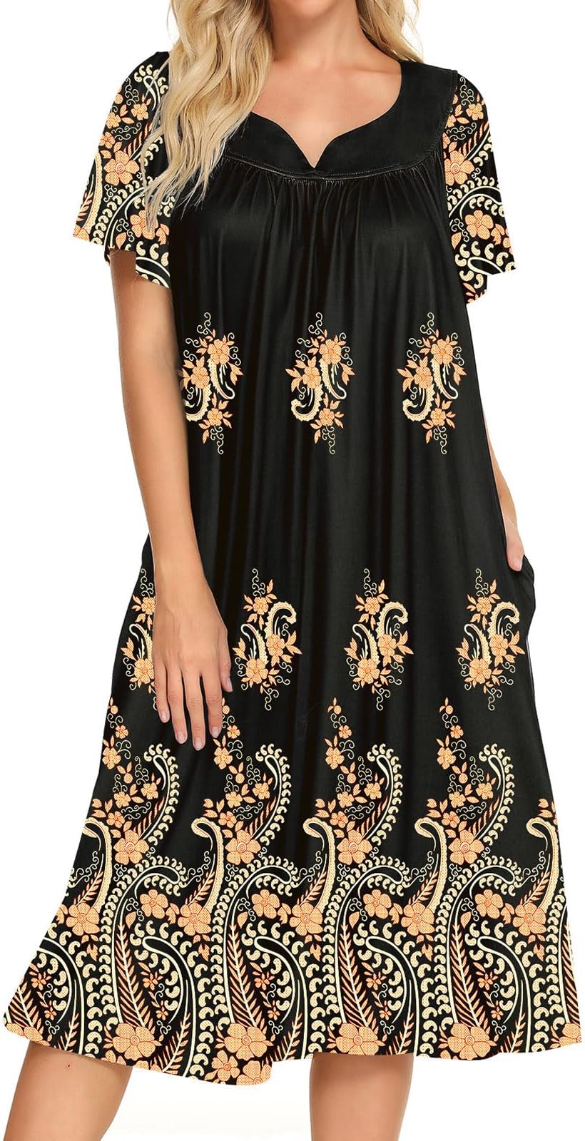 Bloggerlove House Dresses for Women With Pockets Mumu Duster Housecoat Short Sleeve Patio Dress S-XXL