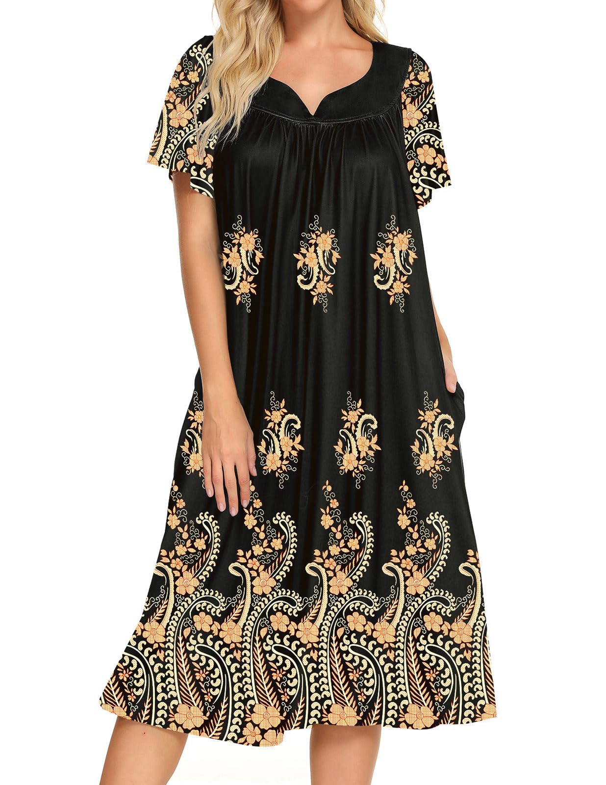 Bloggerlove House Dresses for Women With Pockets Mumu Duster Housecoat Short Sleeve Patio Dress S-XXL