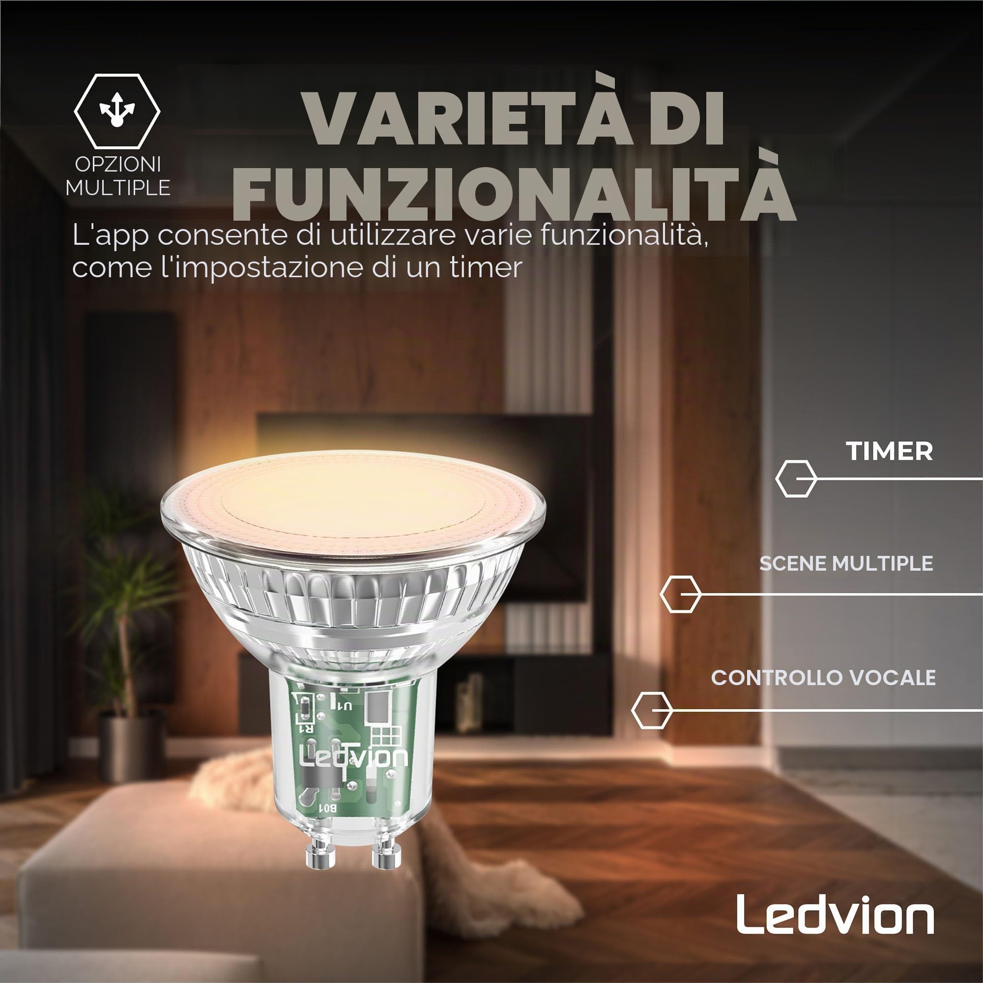 Ledvion - 10X Smart RGB+CCT GU10 LED Spot, 5W, 345 Lumen, Dimmerabile, Wifi-Illuminazione, Wifi-luce, Alexa & Google Home