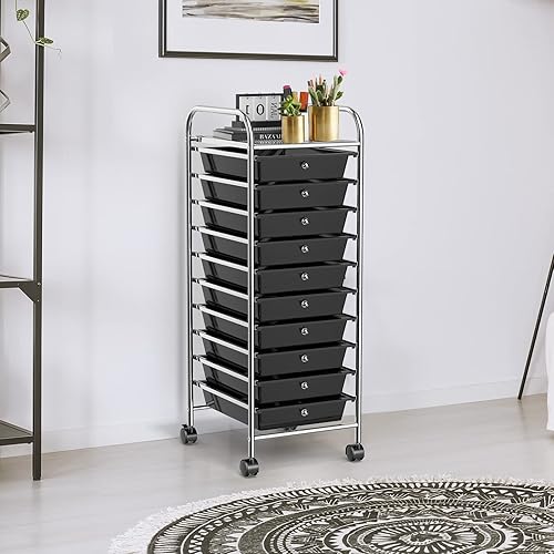 Miniatura 2 de COSTWAY Carrito de almacenamiento con ruedas de 10 cajones, carrito móvil utilitario con cajones extraíbles y ruedas universales y 2 frenos, carrito