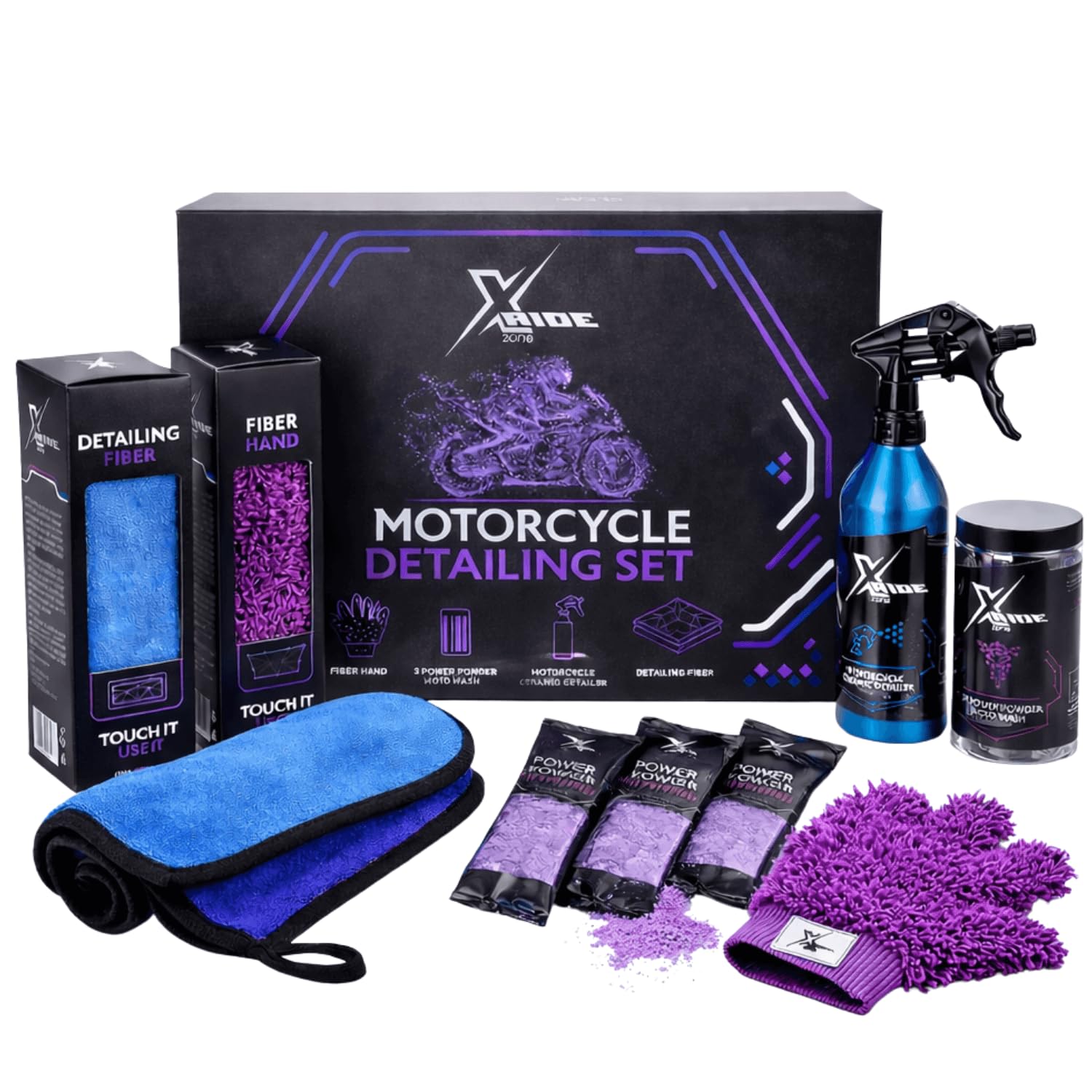 Xzone Zestaw do szczegółów motocyklowych, ceramicznych detali 500 ml, 3 x Power Powder Moto Wash, rękawica z mikrofibry, włókno do szczegółów - zestaw dla motocyklistów