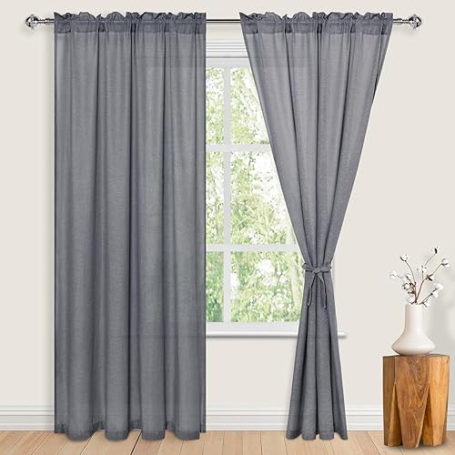 JIUZHEN Cortinas traslúcidas de lino gris carbón de 96 pulgadas de largo, 2 paneles con alzapaños, bolsillo para barra, privacidad para filtrar la