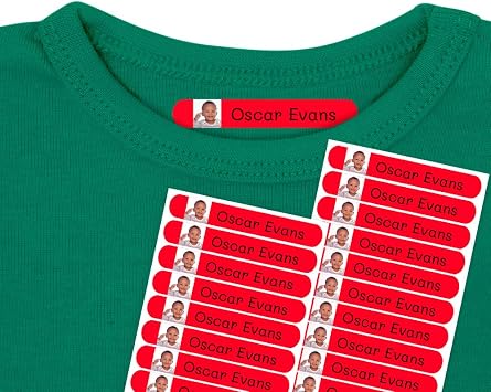 50 Personalized Clothing Labels with Photo or Image | Iron-on Vinyl Labels to Mark Any Garment. 6 x 1 cms. Basic Red Color