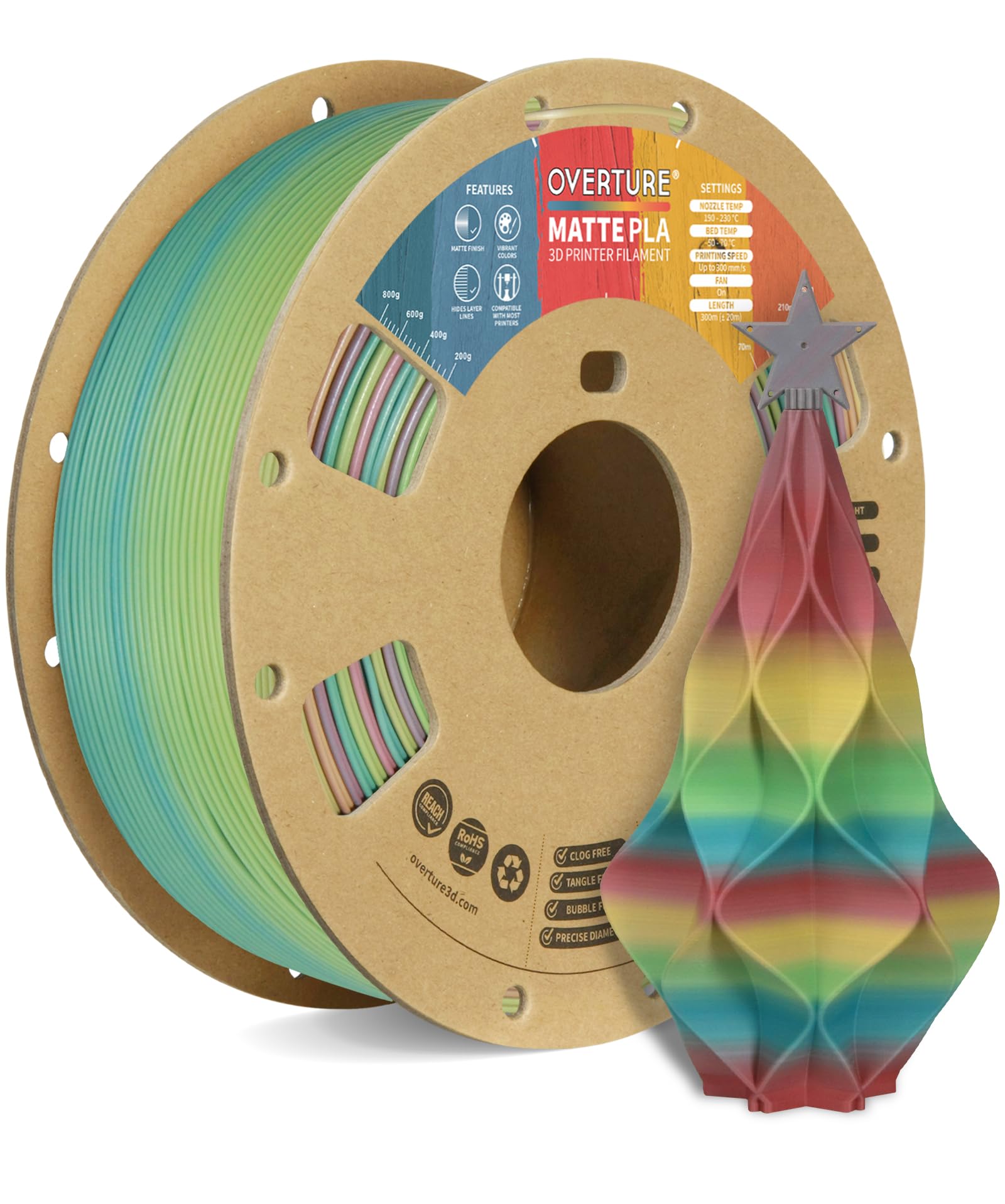 OVERTURE Filamento Matte PLA 1.75mm, 1kg Bobina (2.2lbs) Opaco PLA Filamenti per Stampante 3D, Neatly Wound Filamento Precisione Dimensionale +/- 0.02 mm, Matte Arcobaleno