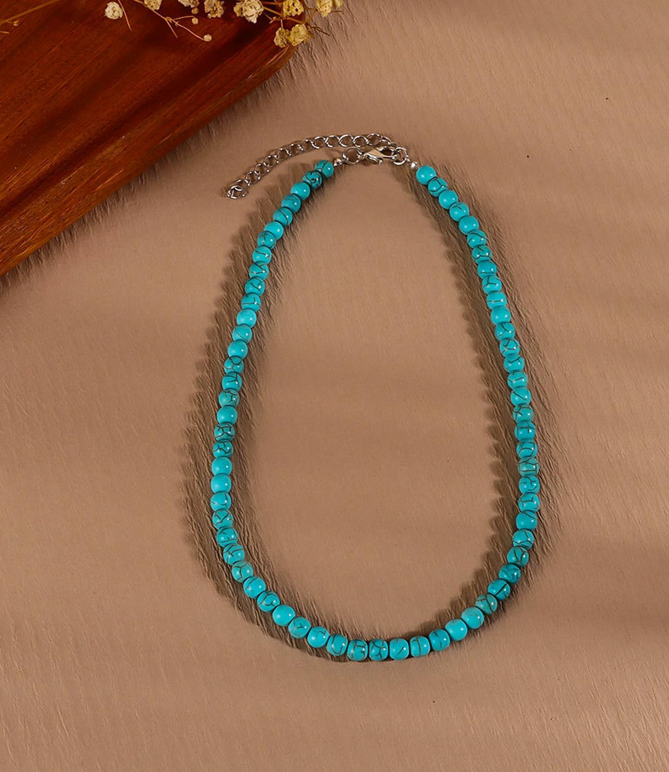 Turquoise Choker Necklace for Women – Handmade Boho Beaded Gemstone Jewelry, Western Adjustable Choker, Unique Gift for Her, 14''+4''