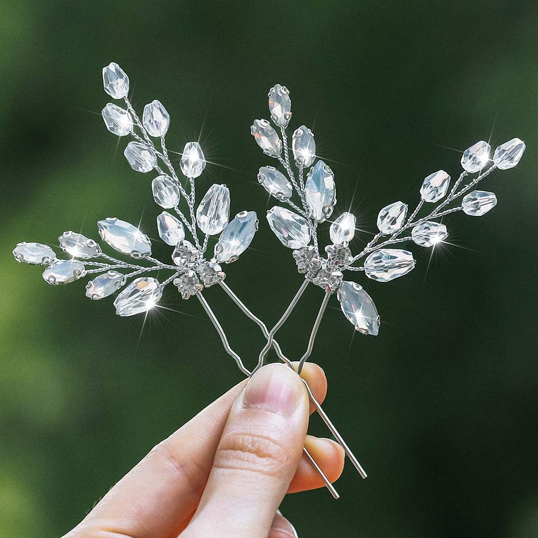 JEAIRTS Rhinestone Wedding Hair Pins Silver Crystal Bridal Hair Accessories for Women(Pack of 2)