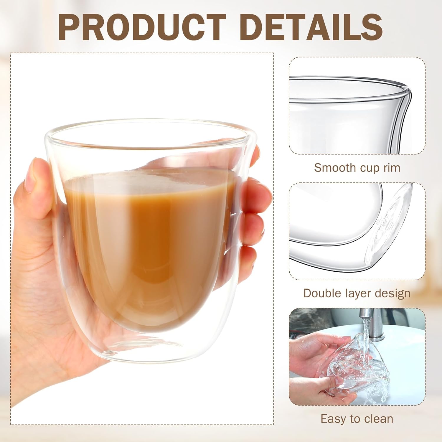 Sieral 8 Pack 8 oz Double Walled Coffee Mugs Glass Espresso Cups without Handle Clear Insulated Demitasse Cups for Cappuccino Tea Latte Beverages