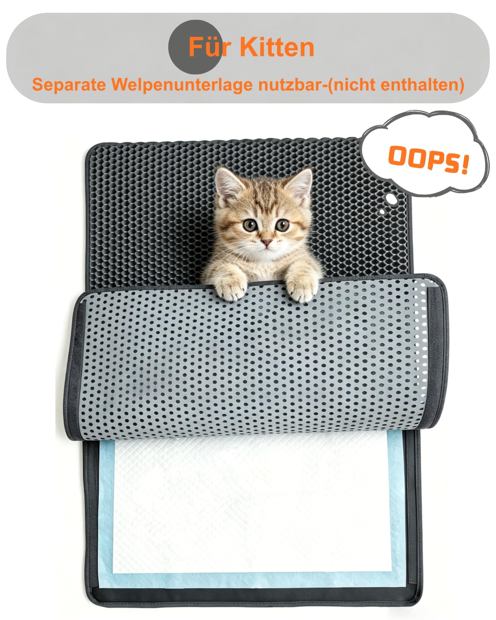 Katzenklo Matte Groß XXL 90x60 cm Waben Doppelschicht Katzenstreu Matte, Urin- & Wasserdichte Katzenklo Unterlage, Rutschfeste Katzenstreumatte für den Boden, Leicht zu reinigen, Grau