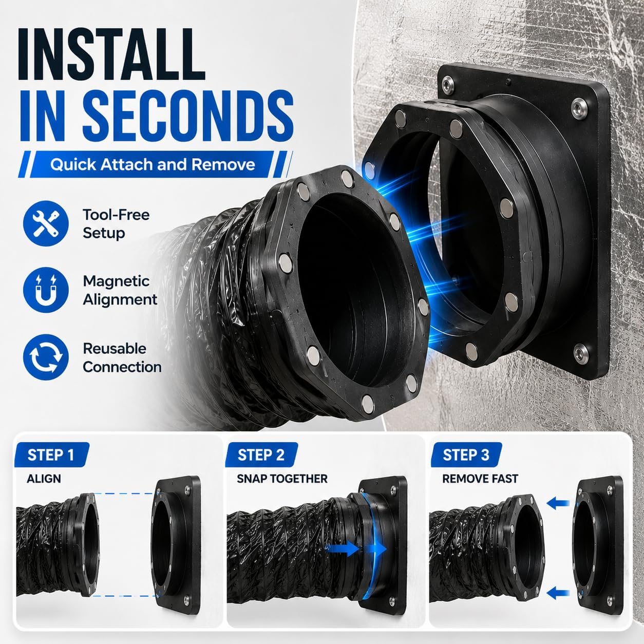 5 Inch Magnetic Hose Connector, Inline Duct Coupler for Exhaust Fans