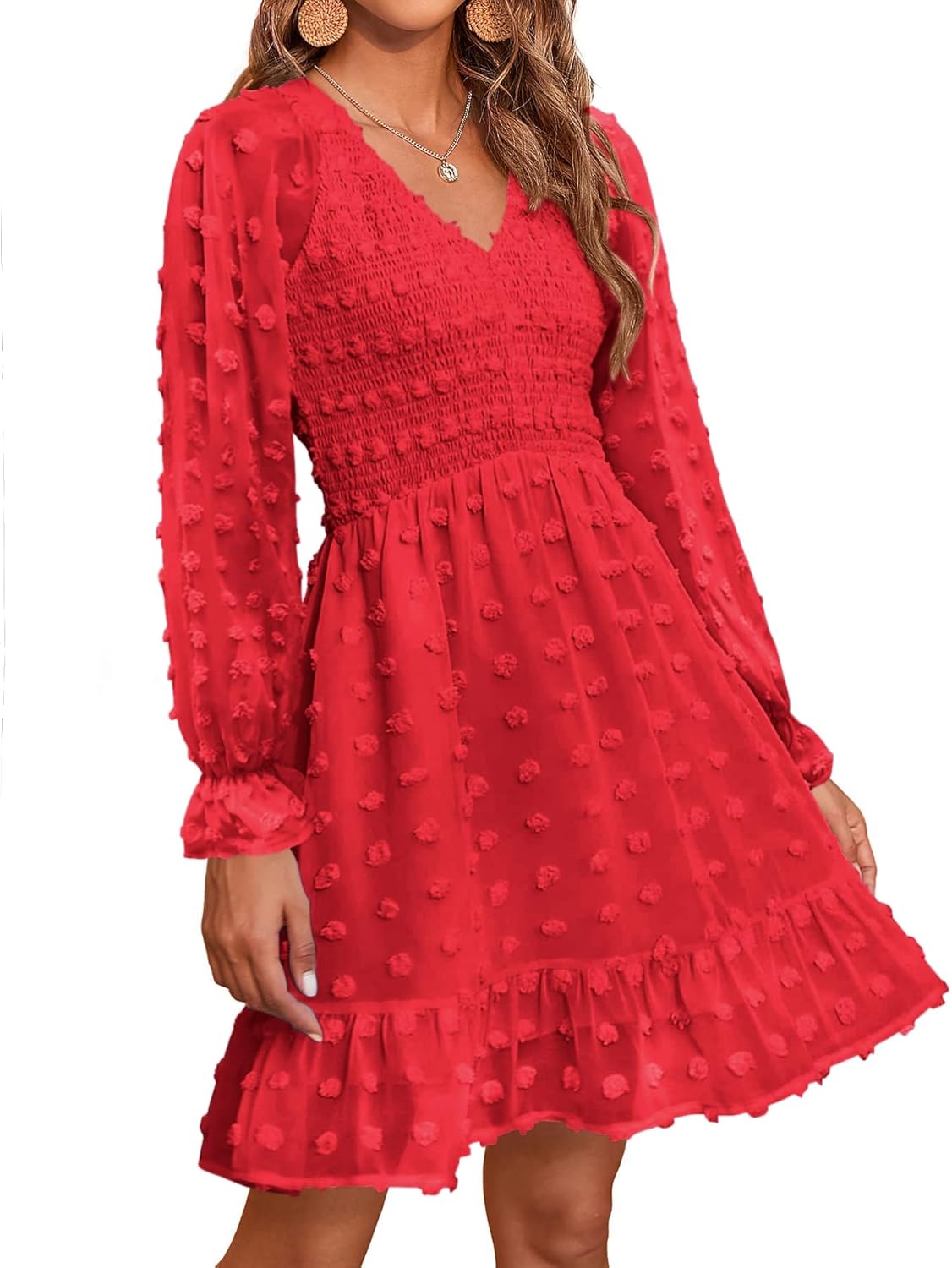 BTFBM Long Sleeve Fall Dresses for Women 2025 Casual V Neck Swiss Dot Smocked Ruffle Chiffon Summer Flowy Mini Dress