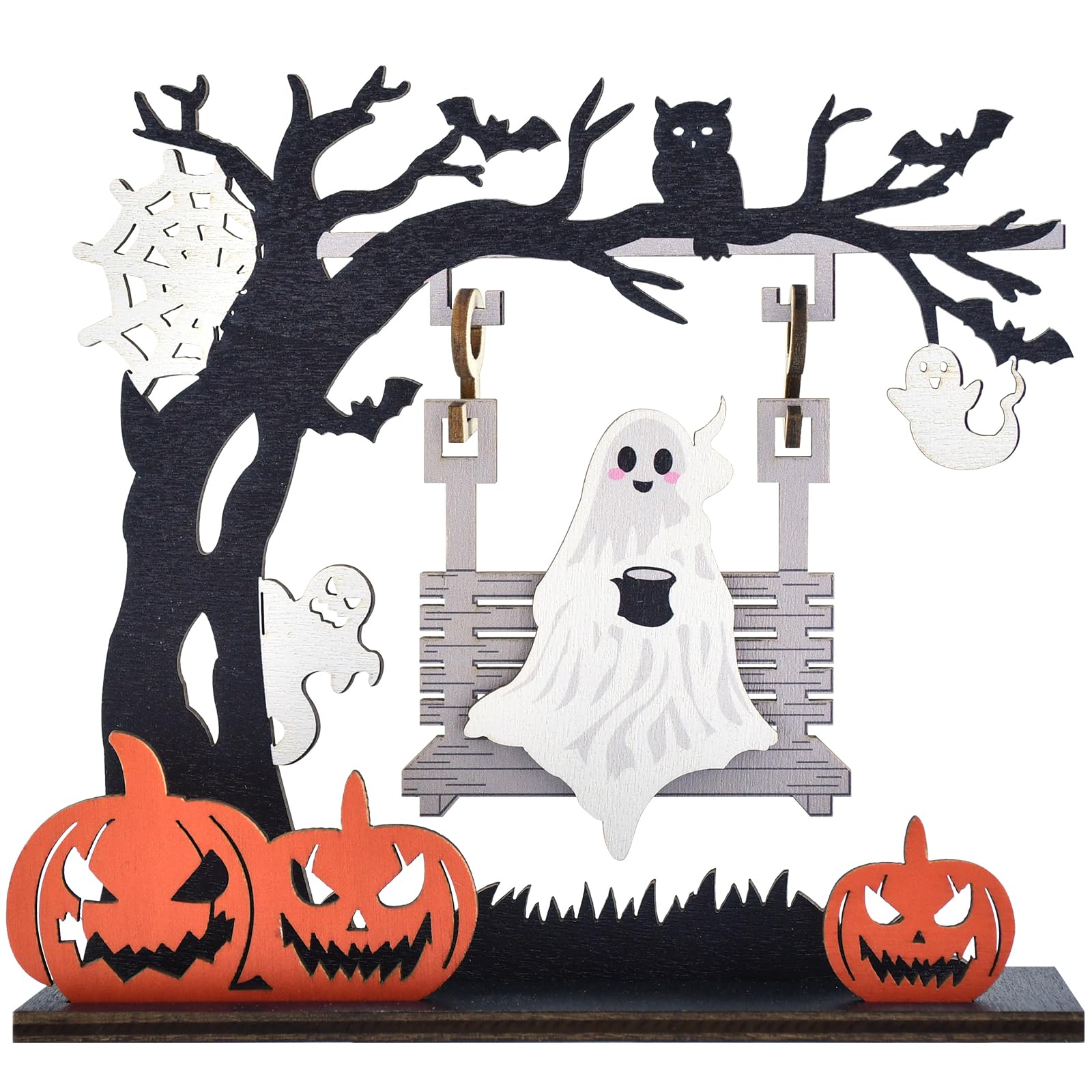 Gistome White Halloween Ghost Swing Decor – Wooden Spooky Pumpkin Ghost Tree Tabletop Sign For Tiered Tray, Shelf, Mantel And Halloween Farmhouse Decorations