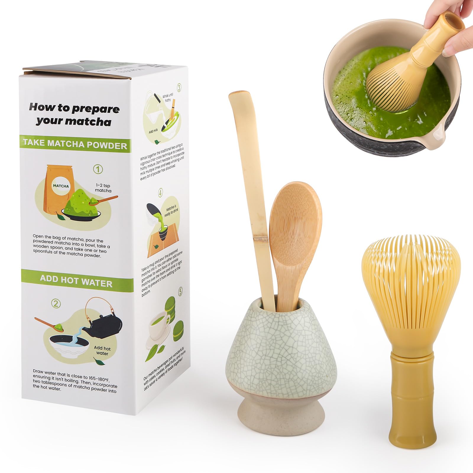 4 Piece Matcha Japanese Ceremony Set, Resin Matcha Whisk, Bamboo Spoon, Bamboo Scoop, Whisk Stand, Perfect Set for Preparing, Yellow - Grayish Green