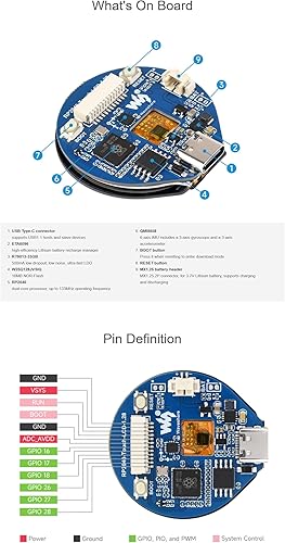 Miniatura 6 de Placa de desarrollo de microcontrolador RP2040 de tamaño compacto con LCD táctil redondo de 1.28 pulgadas y acelerómetro y sensor giroscopio