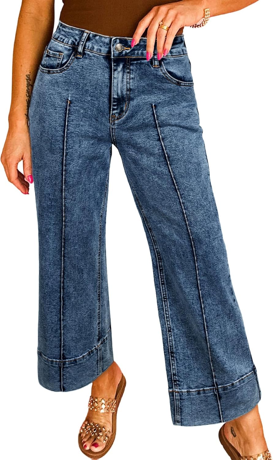 Astylish Women's 2026 Stretchy Breathable Wide Leg High Waisted Jeans Casual Cropped Ankle Denim Pants with Vertical Seams
