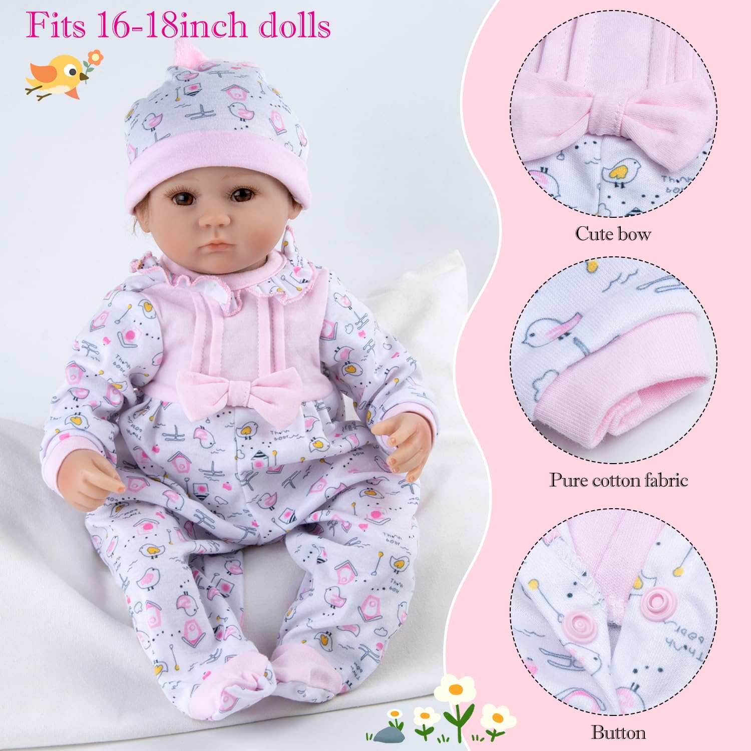 PEDOLLTREE - 11pcs Reborn Baby Doll Kleidung für Mädchen, rosa Mädchen Outfit Zubehör für 40,6–45,7 cm Puppe, Neugeborenes Mädchen mit rosa Herz Krippe