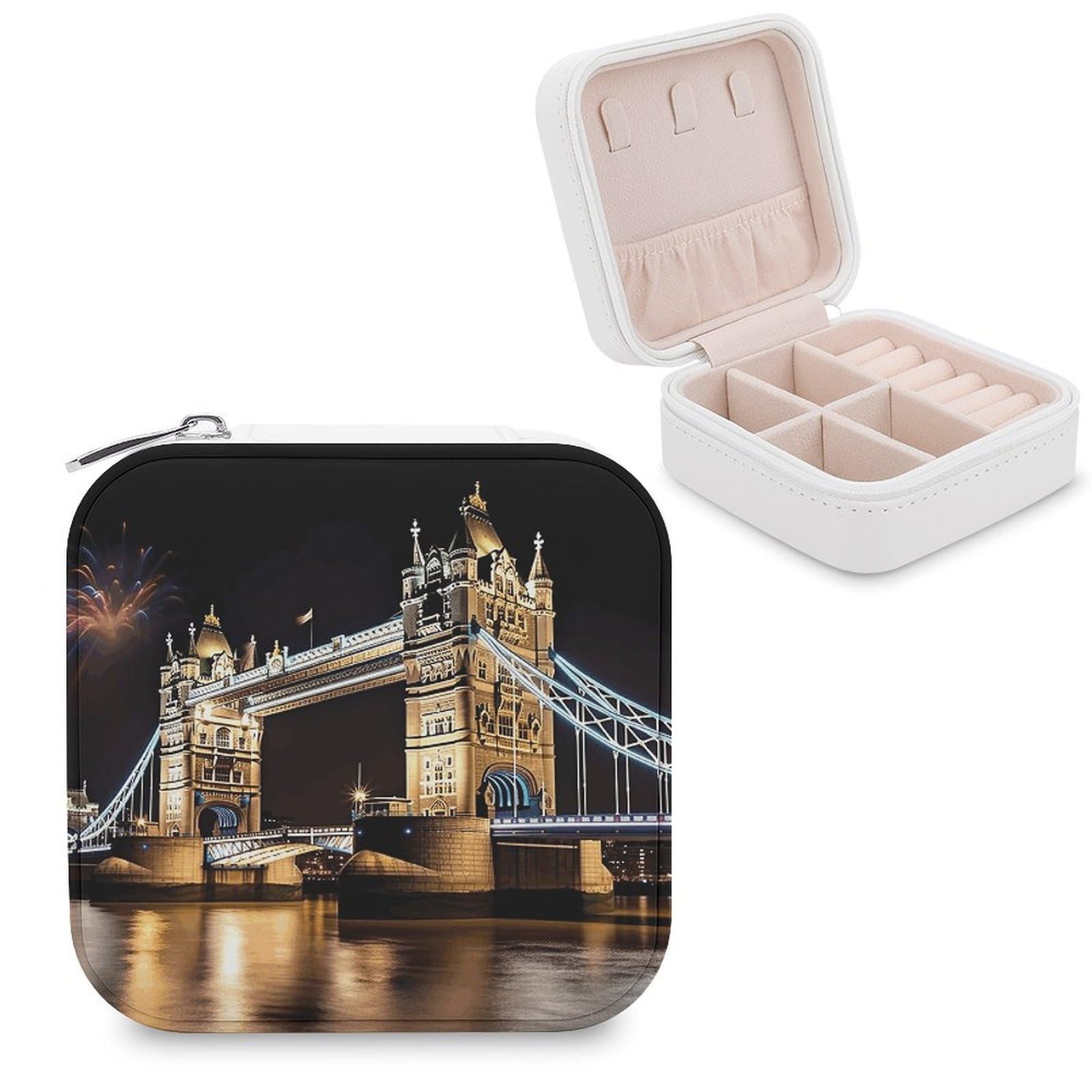 VstaDank Night London Tower Bridge Jewelry Box Exquisite Leather Jewelry Organizer Portable Trinket Organizer Fashion Travel Jewelry Case for Rings Earrings Necklaces Unique Gifts for Women