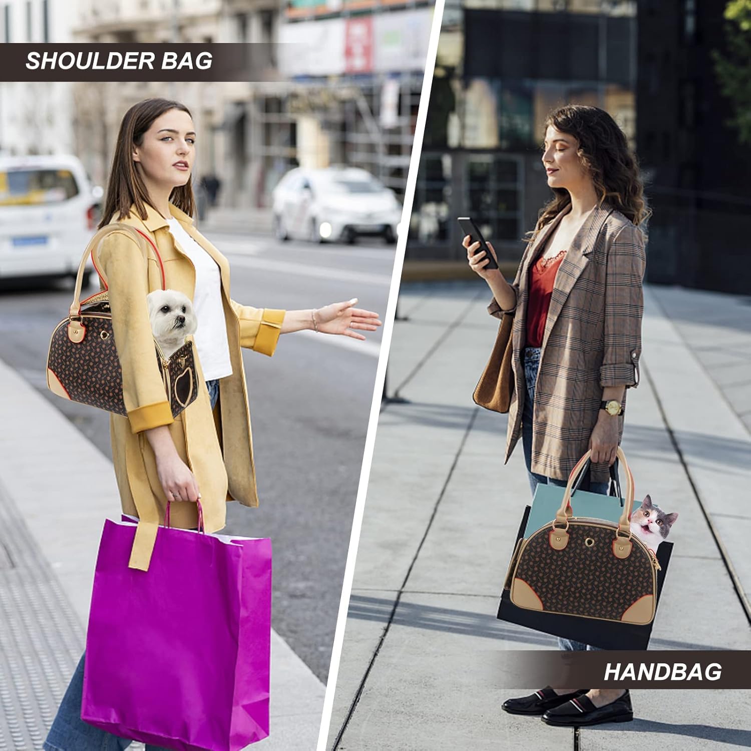Modny Nosidełko Dla Psa Pu Skórzana Torebka Dla Psa Torebka Dla Psa Torba Na Ramię Dla Kota Pet Cat Torba Na Wycieczki Dla Psa Brązowa Mała, Brown, Small (38 * 23 * 17cm)