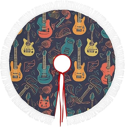 Guitarra Pattern Christmas Tree Skirt with Tassels Winter Holiday Tree Mat Decoration Xmas Tree Skirts Christmas Ornament for Home Seasonal Decor
