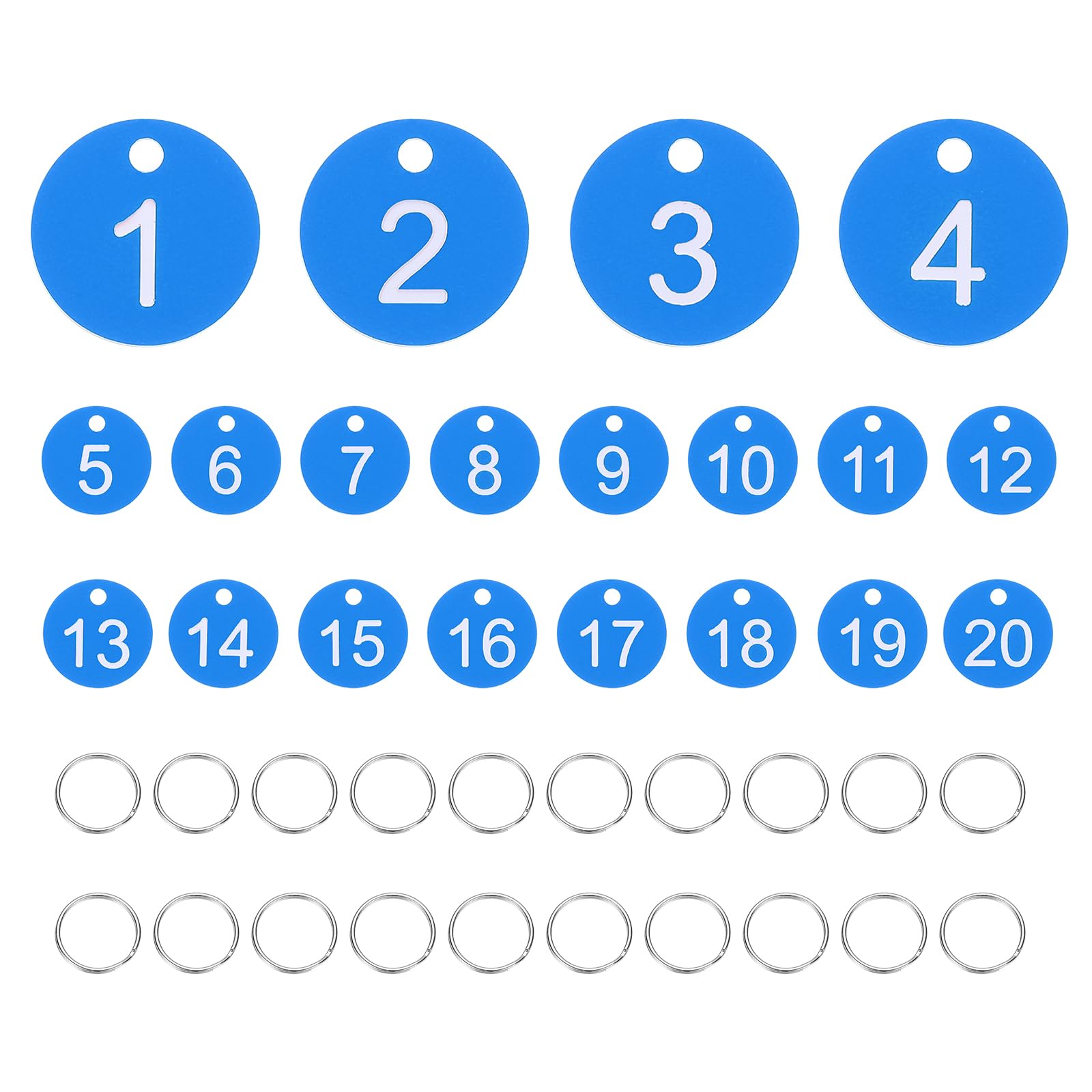 PATIKIL 20PCS Number Tags 1-20, Table Number Key Tags Plastic Numbered Keychain with Key Rings for Organizer Field Sales Hangers Clothes Labels ID, Sky Blue