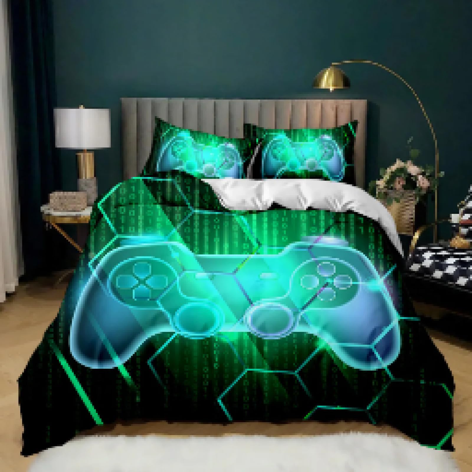 Housse de couette manette de jeu vert néon pour créer une déco de joueur parfaite