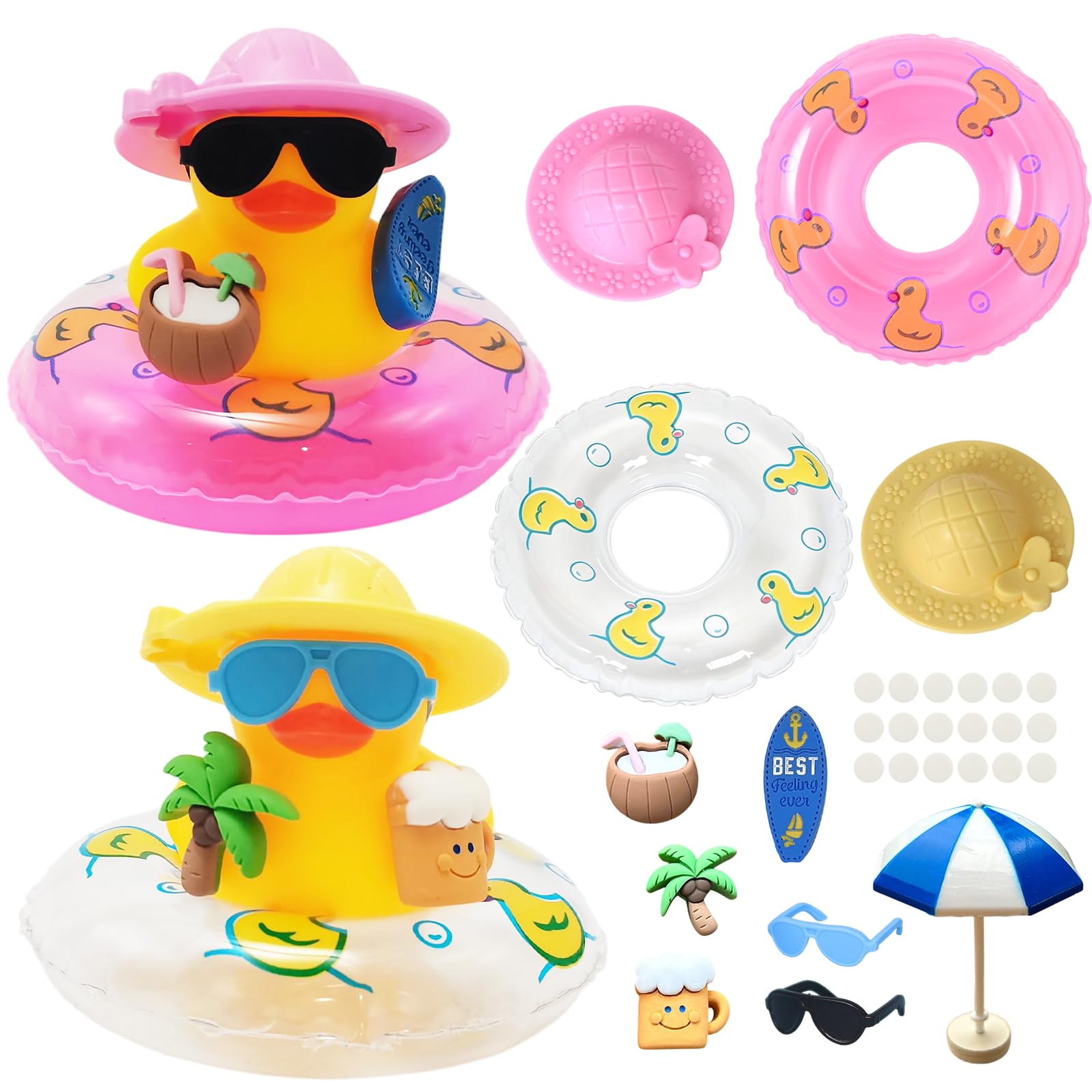 2 Pcs Rubber Duck Dashboard Accessories, Runner Ducks Bath Toy with 2 Ducks Hats Swimrings Surfboard Palm Tree Coconut Wine Glass Sunglasses Parasol Dot Stickers, Duck Bike Decoration Bedroom Ornament