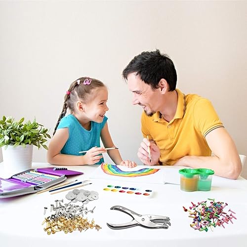 Miniatura 2 de 200 piezas de sujetadores de papel, mini pinzas multicolor redondas con 200 arandelas plateadas y alicates perforadores de metal de un solo agujero,