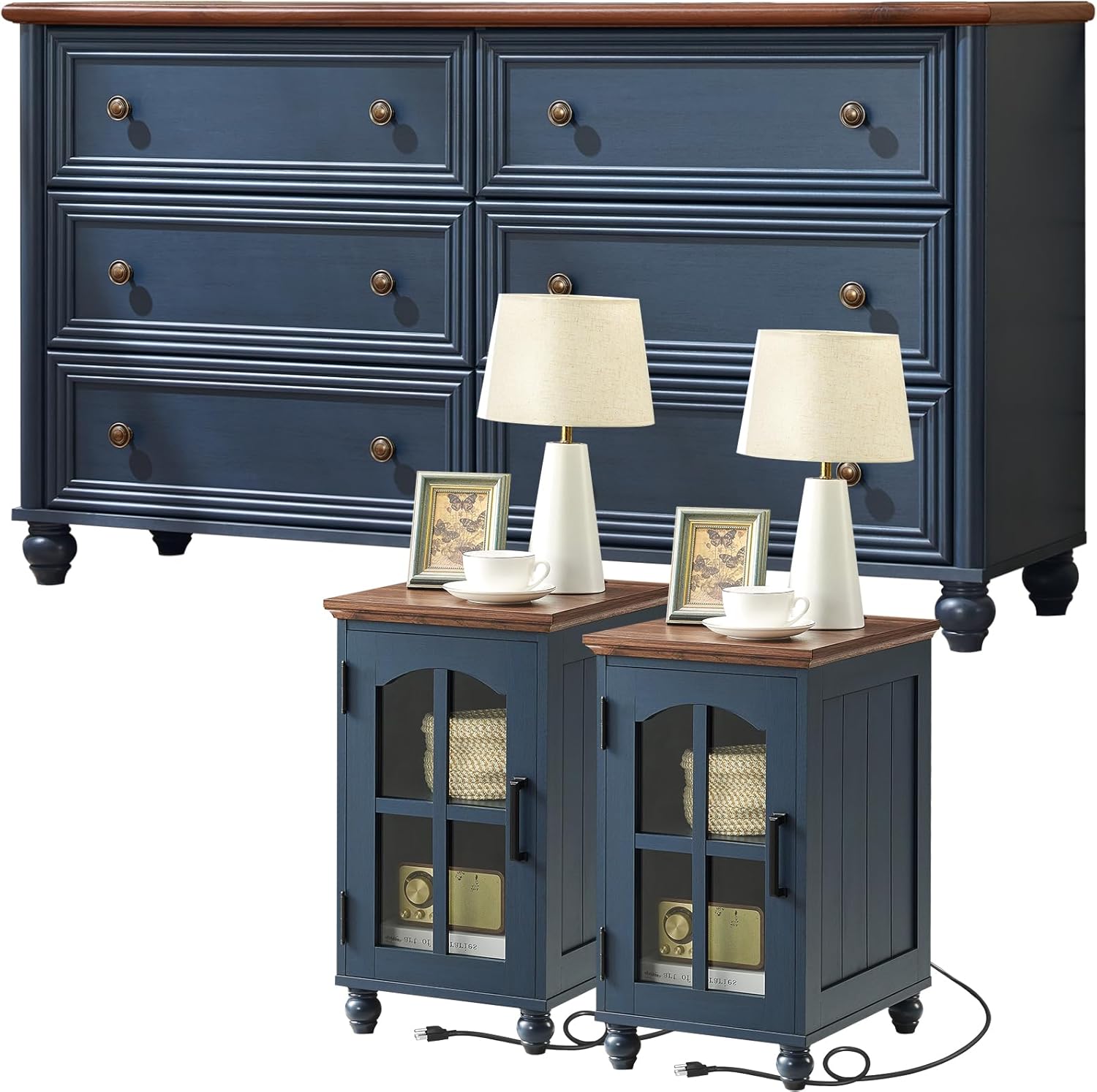 Farmhouse Dressers and Nightstand Set of 3, Wood 54" Wide 6 Drawer Dresser 14'' Narrow Side Table with Charging Station, Roman Column Bedroom Furniture Dressers Sets for Home Living Room Hallway